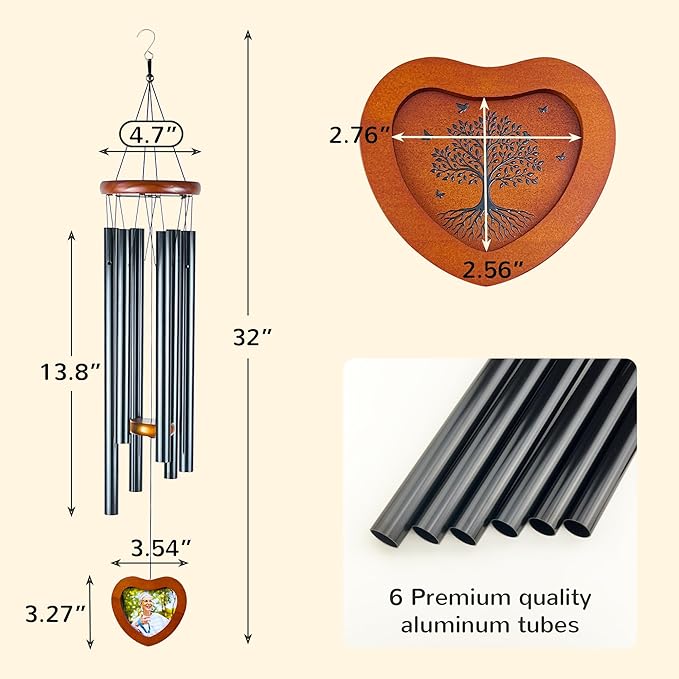 Memorial Wind Chimes with Photo Frame – 32" Outdoor Bereavement Wind Chimes for Loss of Loved One, in Loving Memory Sympathy Gift, Memorial Garden & Patio Wind Chime Decor
