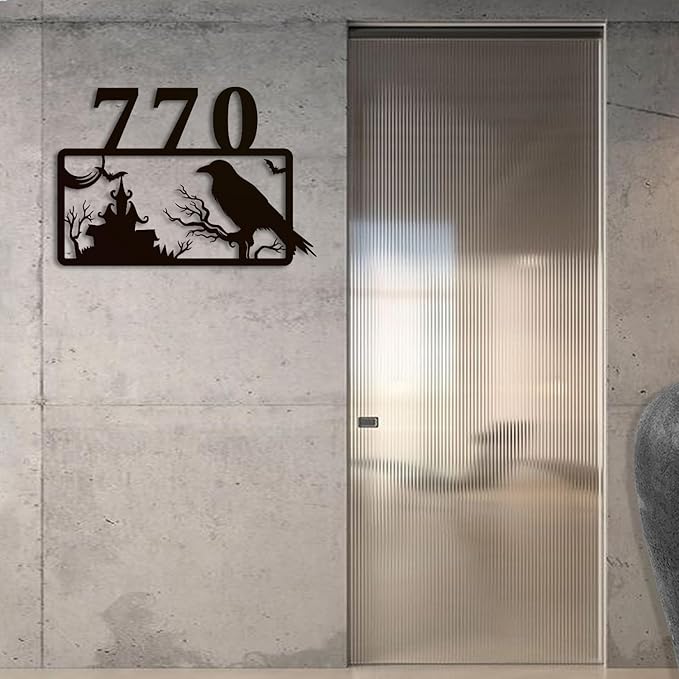 Personalized Gothic House Number metal Signs,Custom Address Number Metal Wall Art Decor,Black Plaques Outdoor wall Decorative Signage,Shed(8-30 Inches) (Crow C)