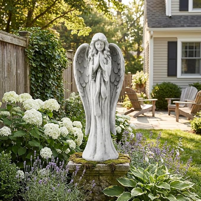 Praying Angel Statue 31.1 Inch Outdoor Garden Decor Magnesium Oxide Statues Religious Blessed Catholic Yard Patio Deck Home Hallway Entryway Sculpture
