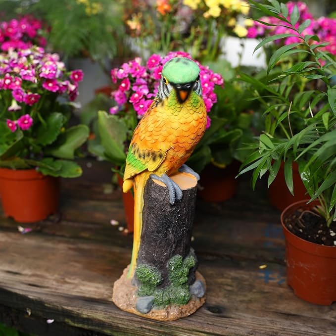 Macaw Parrot Garden Statue, 10.6" Hand-Painted Tropical Bird Figurine, Decorative Art Deco Accent for Patio and Home, Lifelike Design (Yellow)