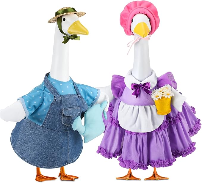 Abbylike 2 Set Spring Porch Goose Outfits Gardener Goose Clothes Purple and Blue for 23" Cement Plastic Geese with Flower Pot and Watering Can Summer Duck Costume for Patio Lawn Outdoor Patio Decor