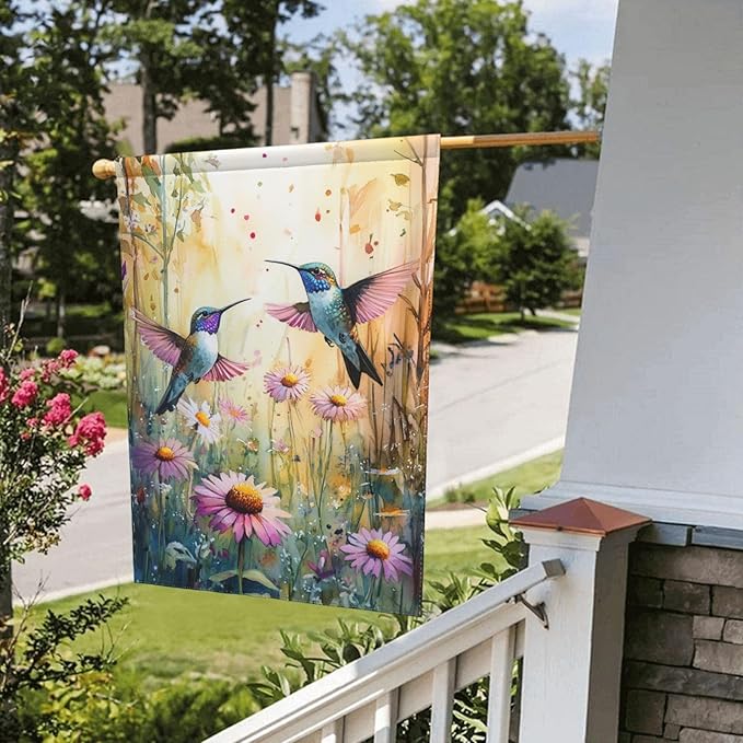 Hummingbirds and Flowers Garden Flags 12×18 Inch Spring Summer Double Sided Decorative Yard Banner Seasonal Flag for Outdoor Outside Decor