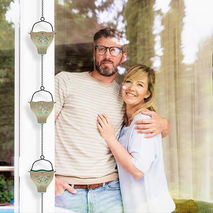 7.8ft Rain Chains for Outside, 8 Cups Copper Plated Lotus Rain Chain Cups, Adjustable Rain Catcher Chain with Bell for Eaves Drainage, Replacement for Downspout (Butterfly+Retro Green)