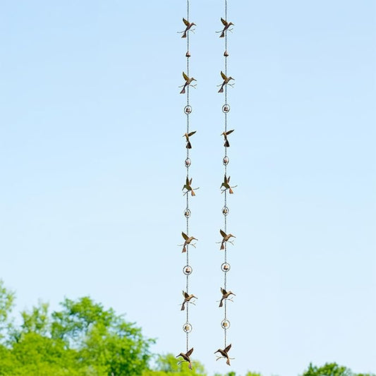 BestNest Ancient Graffiti Hummingbird & Bell Rain Chains, Pack of 2 Steel Decorative Downspout Alternatives, Flamed Copper Finish, Gutter Clip Included, 92” H Each