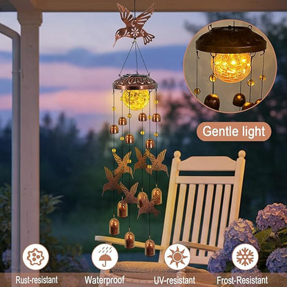 Solar Wind Chimes for Outside, Metal Hummingbird Wind Chimes with Cracked Glass Lights,Hanging Solar Lights for Outside,Yard,Patio,Garden,Porch Decor