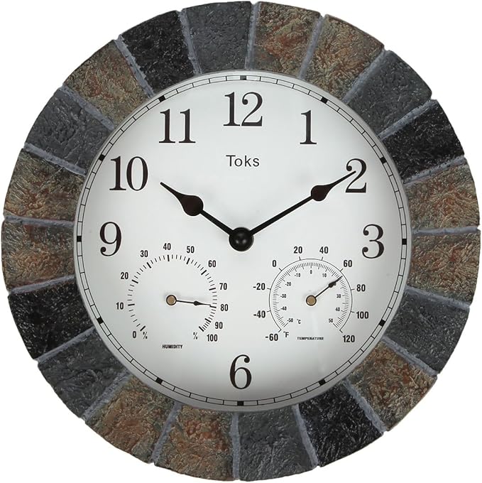 Lily's Home Hanging Wall Clock, Includes a Thermometer and Hygrometer and is Ideal for Indoor and Outdoor Use, Faux-Slate (10 Inches)
