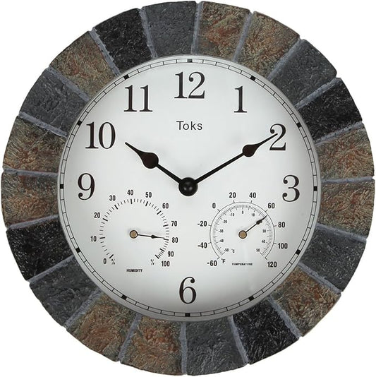 Lily's Home Hanging Wall Clock, Includes a Thermometer and Hygrometer and is Ideal for Indoor and Outdoor Use, Faux-Slate (10 Inches)