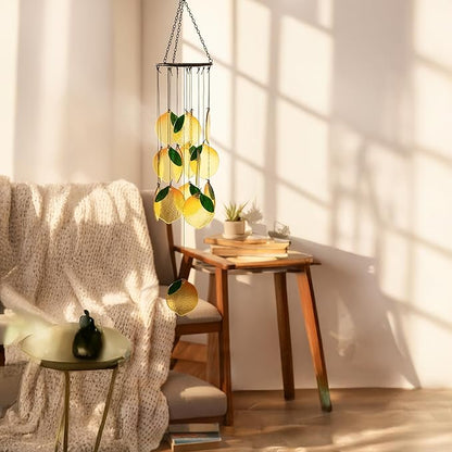 Lemon Stained Glass Wind Chime - Yellow Lemon Wind Chime Window Hanging Ornament Boho Suncatcher Art Pendant for Home Garden Backyard Outdoor Spring Decor Girl Women Birthday Housewarming Gift