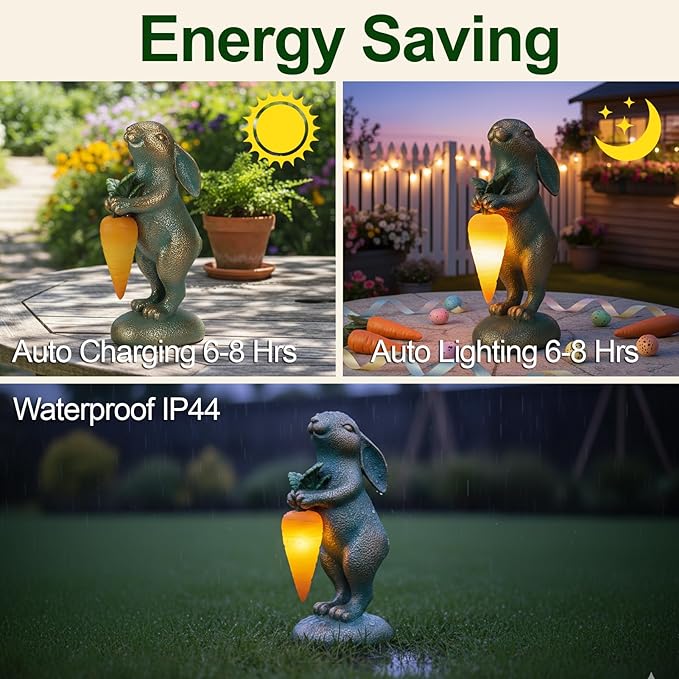 PETAFLOP Solar Garden Rabbit Statue Decor, Bunny Figurine for Patio Yard Balcony Outdoor Home, Birthday Housewarming Gifts for Mom Grandma
