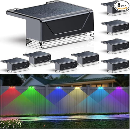 LIANGLOME 8PK Solar Fence Lights Outdoor - Warm White & RGB 6 Color, Dusk to Dawn Deck Light, IP65 Waterproof Garden Lights for Outside/Backyard/Railing/Step/Patio/Wall