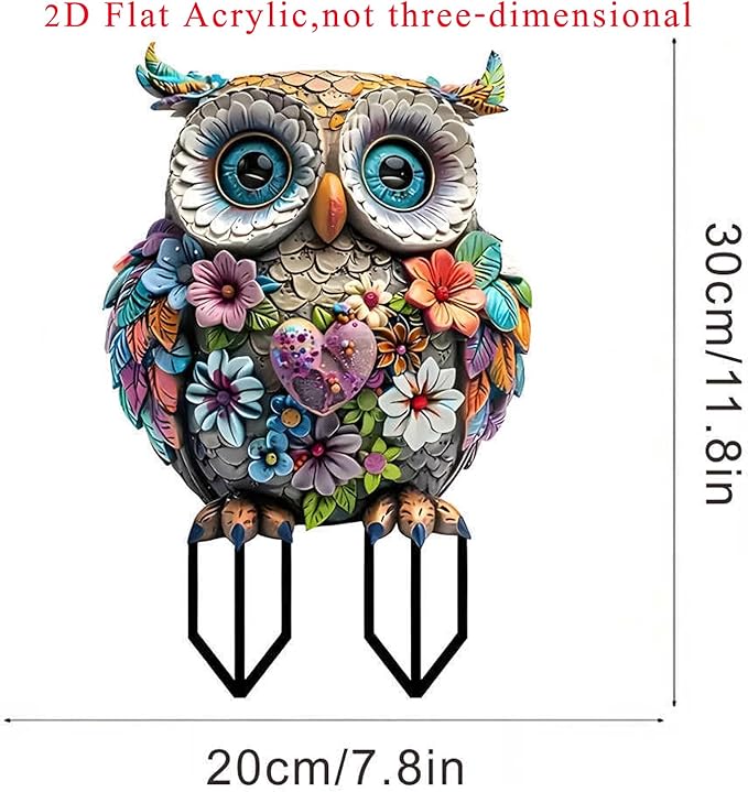 Garden Stake Decor, Acrylic 2D Flat Cute Animal Statue, Fairy Sculptures Ornament Indoor Outdoor Yard Lawn Pot Plant Decorative Accessories (Bohemian owl)