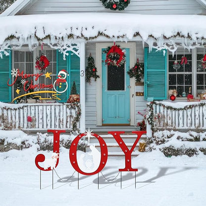 WONDER GARDEN Outdoor Christmas Decorations, 3 PCS Metal Christmas Yard Signs, Joy with Nativity Sets Outdoor and Led Light Xmas Yard Stake for Lawn Religious Scenes Yard Decor