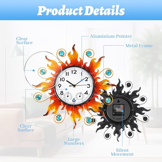 Sun Outdoor Clock with Thermometer and Hygrometer Combo，13'' Wall-Mounted Outdoor Clocks Waterproof Silent No-Ticking for Home, Office, Bedroom, Living Room, Kitchen, Bathroom, Outdoor use