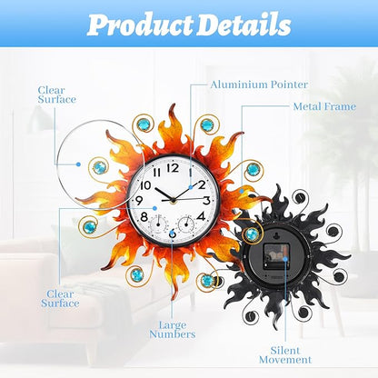 Sun Outdoor Clock with Thermometer and Hygrometer Combo，13'' Wall-Mounted Outdoor Clocks Waterproof Silent No-Ticking for Home, Office, Bedroom, Living Room, Kitchen, Bathroom, Outdoor use
