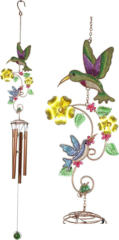 Ebros Gift Birds of Nature Hummingbird Hovering Nectar Flowers Art Glass Gemstones and Metal Resonant Wind Chime 32" High Copper Rods Hanging Mobile Home Patio Garden Decor