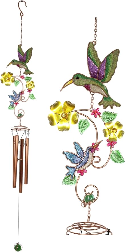 Ebros Gift Birds of Nature Hummingbird Hovering Nectar Flowers Art Glass Gemstones and Metal Resonant Wind Chime 32" High Copper Rods Hanging Mobile Home Patio Garden Decor
