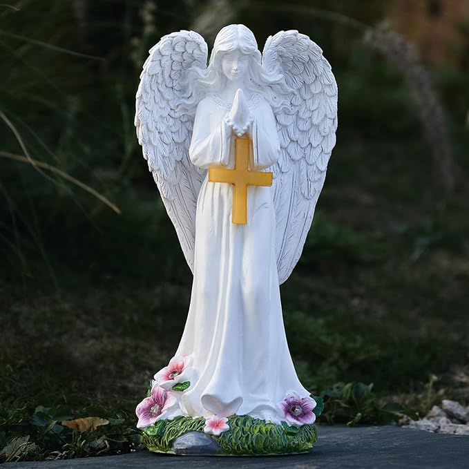 Solar Angels for Outside Garden, Angel Statue with Cross for Yard Lawn Patio Balcony, Chrisstmas, Memorial Gifts for Mom, Grandma, Women, 12 Inch,Resin