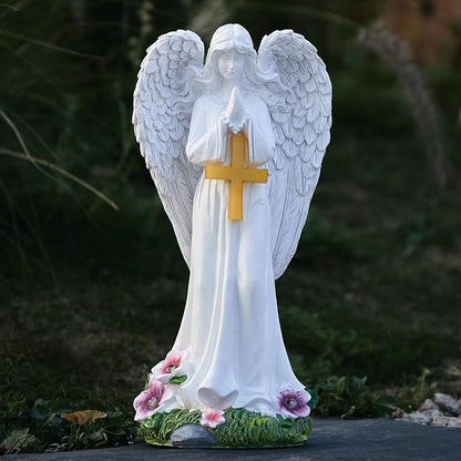 Solar Angels for Outside Garden, Angel Statue with Cross for Yard Lawn Patio Balcony, Chrisstmas, Memorial Gifts for Mom, Grandma, Women, 12 Inch,Resin