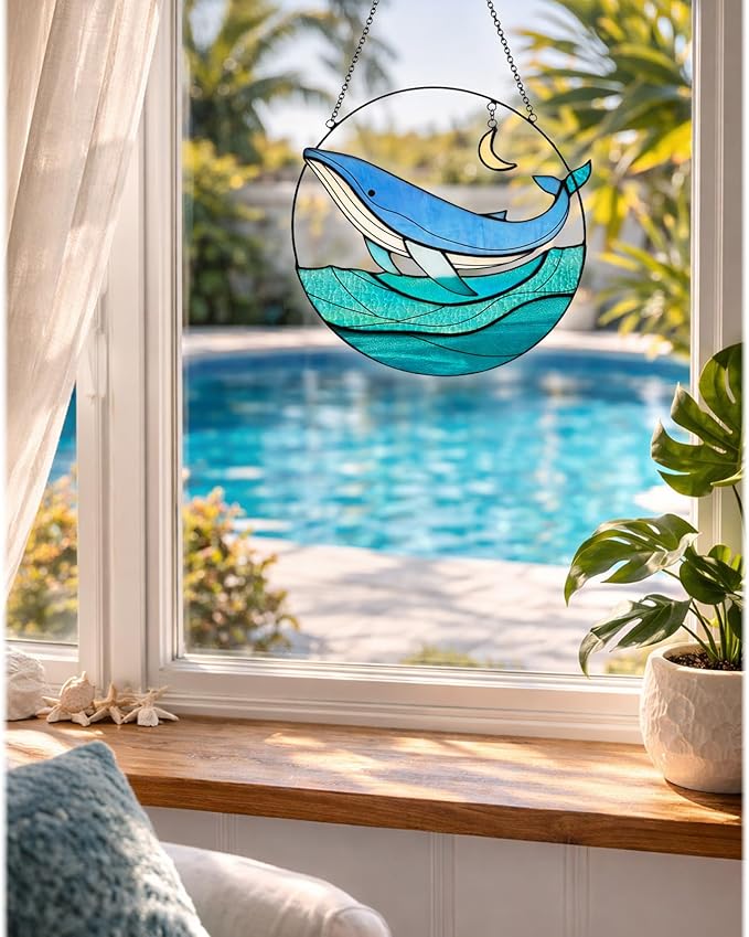 7" Whale Stained Glass Suncatcher, Handmade Coastal Window Hanging Decor, Colorful Sun Catcher for Kitchen, Sunroom, Beach House, Ideal Gift Idea for Ocean Lovers