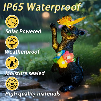 Solar Cat Garden Statue Outdoor Decor - Resin Cat Butterfly Statues for Outside Waterproof, Animal Figurines for Patio Balcony Yard Art Lawn Ornaments, Unique Birthday Gifts for Mom /Women/Grandma