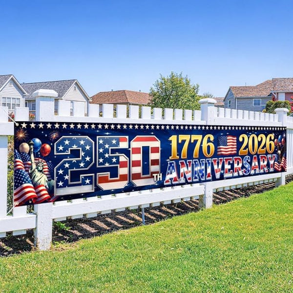 9.8 x 1.6 FT 250th Anniversary Banner, Red White Blue Stars Stripes Design for Independence Day, 1776-2026 250 Years Birthday, Patriotic Outdoor Yard Decor, Fence Banner Home Outside Decorations
