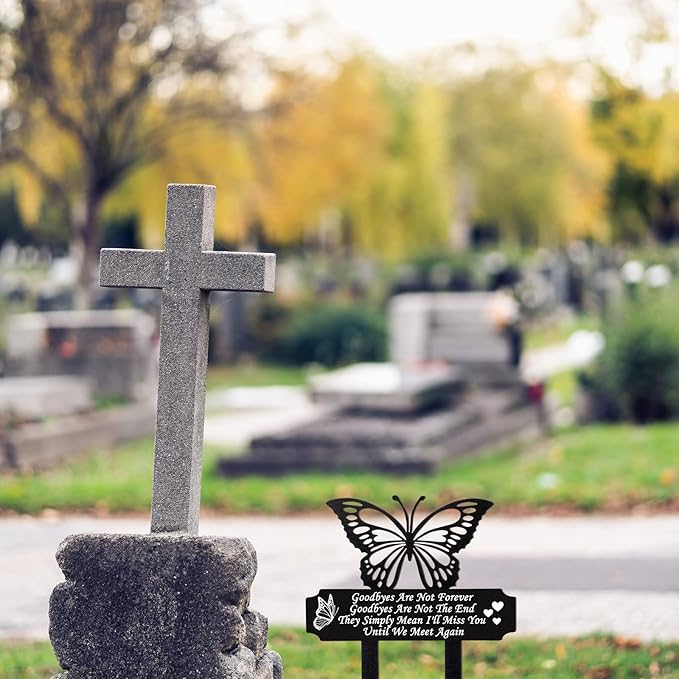 Buryeah Grave Decoration for Cemetery Butterfly Memorial Stake Headstone for Grave Memorial Garden Decor Waterproof Double Sided Print Metal Cemetery Marker, 13.19 x 11.81 Inches(Vivid Style)