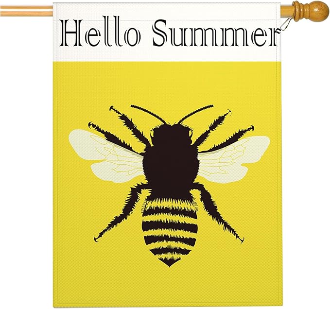 Mugod Bee Honeybee House Flag 28x40 Inch Double Sided Burlap, Hello Summer Large Yard Banner for Outdoor Seasonal Decoration