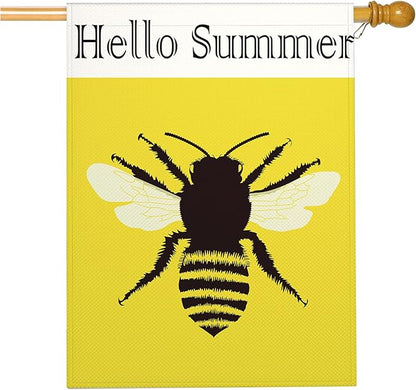 Mugod Bee Honeybee House Flag 28x40 Inch Double Sided Burlap, Hello Summer Large Yard Banner for Outdoor Seasonal Decoration