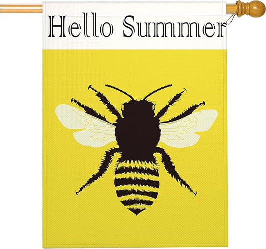 Mugod Bee Honeybee House Flag 28x40 Inch Double Sided Burlap, Hello Summer Large Yard Banner for Outdoor Seasonal Decoration