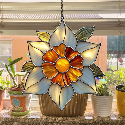 Narcissus Acrylic Suncatcher Stained Glass Effect Window Car Hanging Christmas Ornament Indoor Outdoor Decor Garden Sun Catcher Panel for Floral Lover for Women Mom Grandma