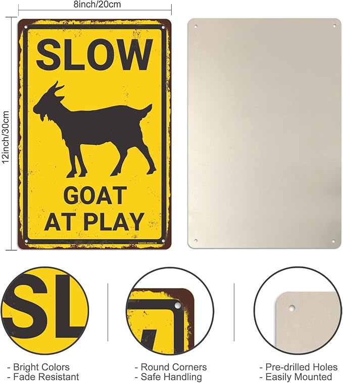 Slow Goat at Play Aluminium Metal Sign, Funny Goat Warning Sign, Vintage Goat Decor, Goat Gift, Goat House Decor, Wall Decor for Farmhouse/Home/Yard/Children Room, 8"x12" Indoor/Outdoor