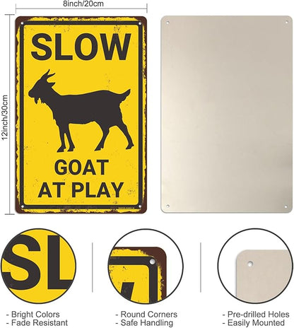 Slow Goat at Play Aluminium Metal Sign, Funny Goat Warning Sign, Vintage Goat Decor, Goat Gift, Goat House Decor, Wall Decor for Farmhouse/Home/Yard/Children Room, 8"x12" Indoor/Outdoor