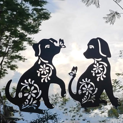 Dog Decor Outdoor Metal Decor, Garden Gecor for Outside Dog Garden Statue, Black Puppy Outdoor Garden Decor, Metal Garden Art Decorations, 2PCS (Dog2)
