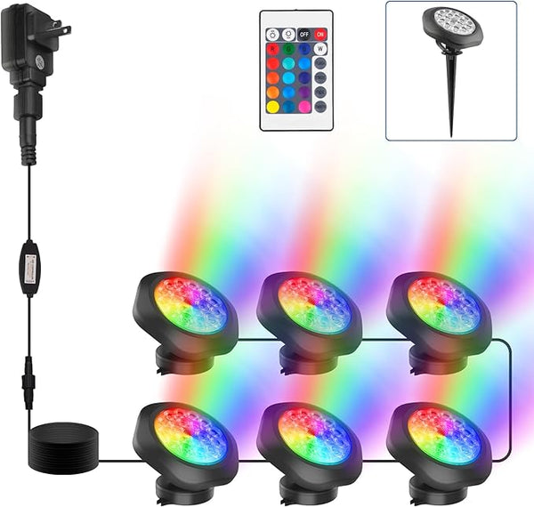 RGB Pond Lights,LED Underwater Submersible Fountain Lights IP68 Waterproof,Remote Control Color Changing Landscape Spotlights Lighting for Fish Aquarium Tank Yard Garden Pool (Set of 6)