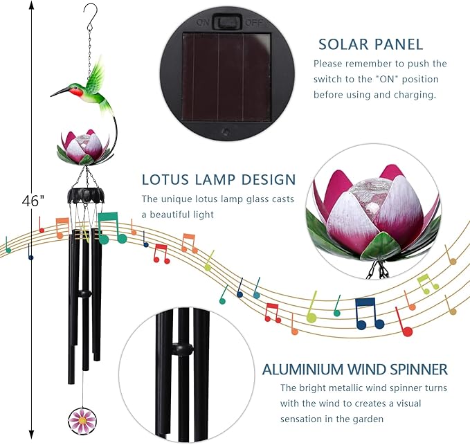 Taman Solar Wind Chime - 46" Hummingbird Solar Light with Lotus Crack Glass Ball Valentine's Day Gift for Outside Waterproof Decorative Memorial Gift, for Home, Outdoor, Yard, Patio,Garden Decor