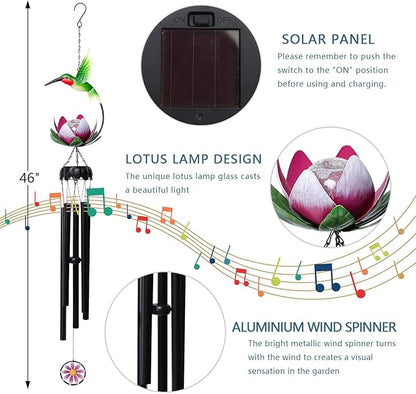 Taman Solar Wind Chime - 46" Hummingbird Solar Light with Lotus Crack Glass Ball Valentine's Day Gift for Outside Waterproof Decorative Memorial Gift, for Home, Outdoor, Yard, Patio,Garden Decor
