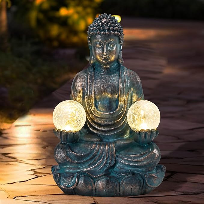 Afirst 10.5'' Meditating Buddha Garden Statues Solar Buddha Sculpture Decor with Glass Balls Zen Meditation for Home Garden Yard Patio Indoor Outdoor Ornaments Gifts for Mom