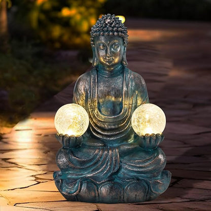 Afirst 10.5'' Meditating Buddha Garden Statues Solar Buddha Sculpture Decor with Glass Balls Zen Meditation for Home Garden Yard Patio Indoor Outdoor Ornaments Gifts for Mom