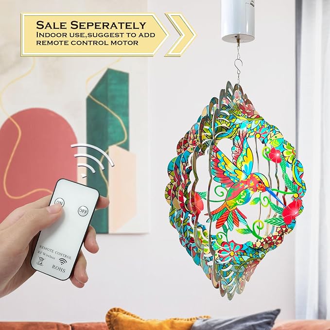 FONMY Wind Spinner Hummingbird 12 inch 3D Stainless Steel Wind Sculpture Worth Gift Christmas Decor. Laser Cut Metal Art Geometric Pattern - Hanging Mandala Wind Spinners, Kinetic Yard Art Decorations