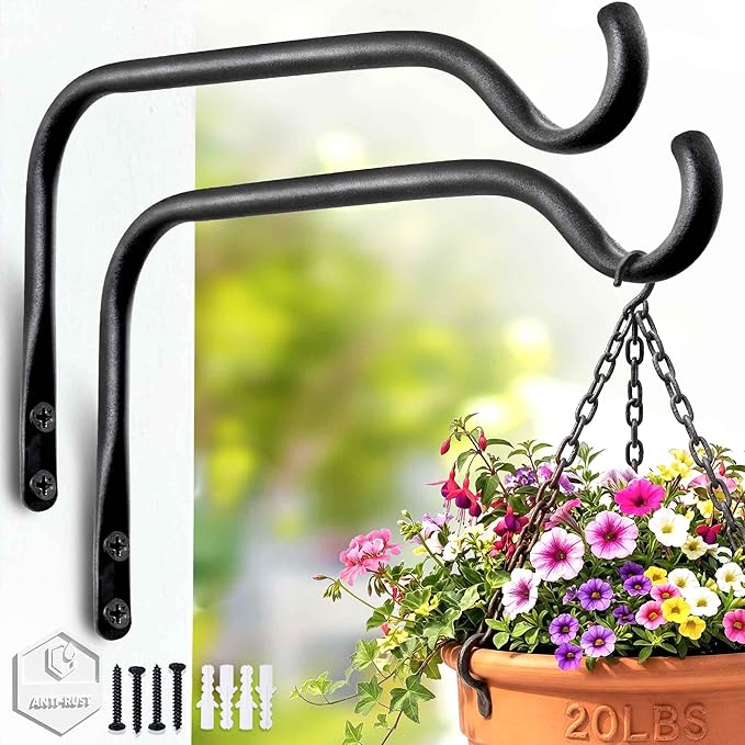 Lifyzoon Durable Plant Hangers Brackets: 2 Pack 8 Inch Outdoor Metal Hanging Plant Brackets, 20lbs Weight Capacity - Rustproof Wall Hooks for Flower Basket Bird Feeders Wind Chimes and Lanterns
