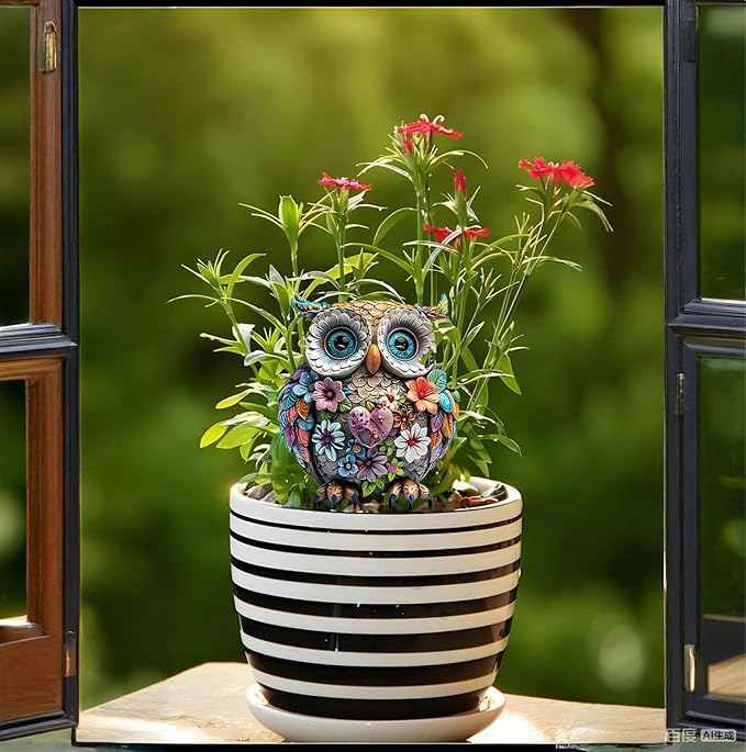 Garden Stake Decor, Acrylic 2D Flat Cute Animal Statue, Fairy Sculptures Ornament Indoor Outdoor Yard Lawn Pot Plant Decorative Accessories (Bohemian owl)