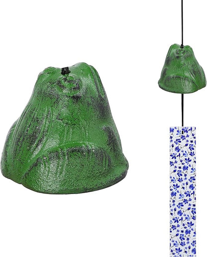Japanese Wind Chime Cast-Iron Outdoor Ornament for Garden, Patio & Balcony, Hanging Metal Wind-Bell Decoration Gift, Blessing Pendant Windchimes & PVC Wind-Catcher, Green Frog