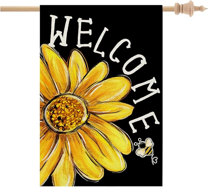 CROWNED BEAUTY Spring Summer House Flag Daisy Bee Double Sided 28x40 Inches Large Burlap Welcome Holiday Seasonal Yard Decoration for Outside Porch