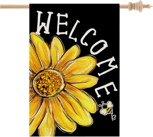 CROWNED BEAUTY Spring Summer House Flag Daisy Bee Double Sided 28x40 Inches Large Burlap Welcome Holiday Seasonal Yard Decoration for Outside Porch