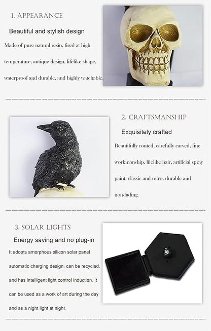 Outdoor Solar Lights, Crow Solar Lights Outdoor Waterproof Halloween Skull Light with Stakes Solar White Crow Light Garden Decor for Yard, Lawn