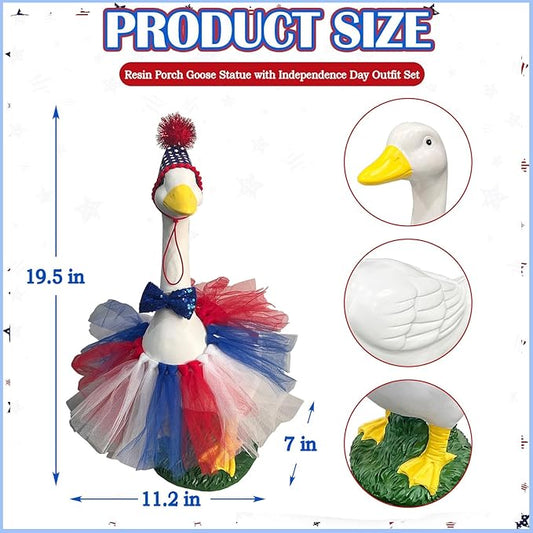 Porch Goose Statue Home Decor - 20" Large Resin Porch Goose with Independence Day Goose Outfits, Holiday Indoor or Outdoor Decorative Figurine for Garden,Lawn,Yard,Entryway Accent,Housewarming Gifts