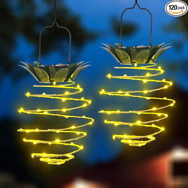 2 Pack Waterproof Solar Lanterns Outdoor, 60LED Hanging Lights with Pineapple Pattern, Solar Garden Lights Outdoor for Patio Yard Decor, Gift for Grandma Gardeners Women