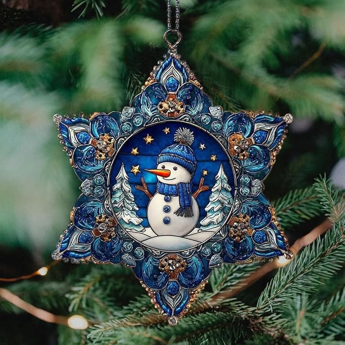 Cute Snowman Giving Presents Mosaic Snowflake Acrylic Suncatcher Stained Glass Effect Window Car Hanging Christmas Ornament Indoor Outdoor Decor Garden Sun Catcher Panel for Women Mom Grandma