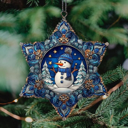 Cute Snowman Giving Presents Mosaic Snowflake Acrylic Suncatcher Stained Glass Effect Window Car Hanging Christmas Ornament Indoor Outdoor Decor Garden Sun Catcher Panel for Women Mom Grandma