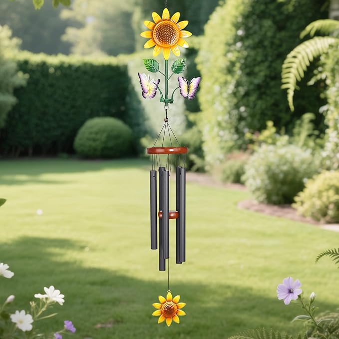 Sunflower Wind Chimes with Spinning Butterflies for Outside Hanging Garden Decor, Black Aluminum Tubes, Floral Wind Chimes for Yard, Porch, Patio, or Balcony for Women Mom Grandmom